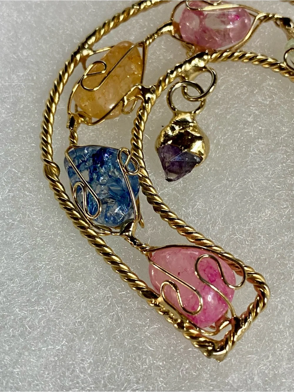 Gold-Tone Multi-Colored Wire-Wrapped Gemstone Pendant
